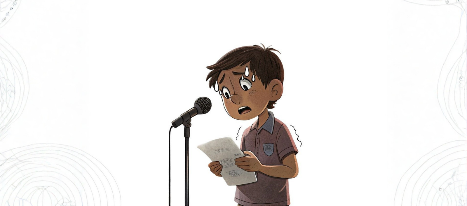 Ilustrasi pelajar yang ada idea tetapi kurang yakin bercakap di hadapan mikrofon